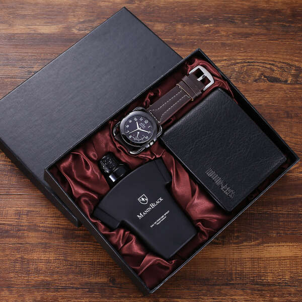 Elegantni modni set koji uključuje ručni sat, novčanik i parfem kao poklon za muškarce.