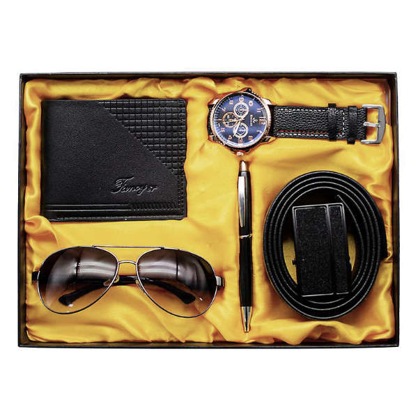 Joel elegantni set za muškarce koji uključuje kožni novčanik, ručni sat na kožnoj narukvici, sunčane naočale u pilotskom stilu, kemijsku olovku i crni remen.